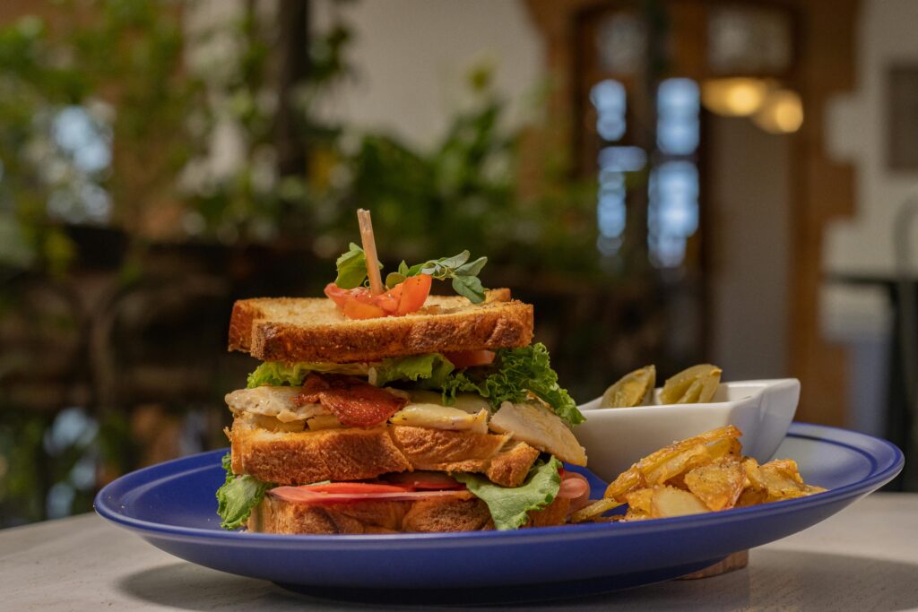Mouthwatering club sandwich with crispy fries on a blue plate, perfect for a hearty meal.
